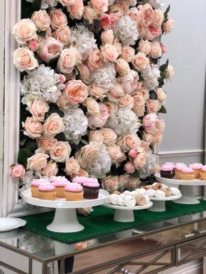 Flower wall and Cake Table Provided for your event!