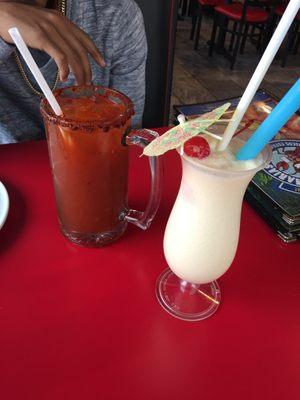 Michelada w/modelo & virgin piña colada.. awesome piña colada, sweet and cold! Not watery at all.