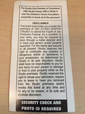 Back of ticket with disclaimer