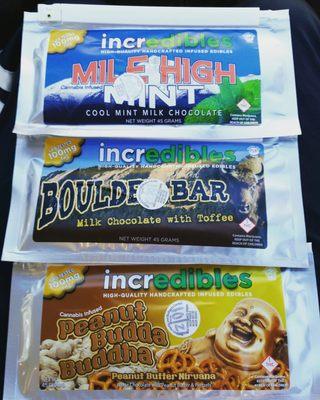 incredibles Mile High Mint, Boulder Bar, and Peanut Budda Buddha 100mg THC infused chocolate bars