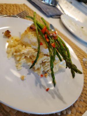 Mac nut crusted sea bass with risotto and asparagus