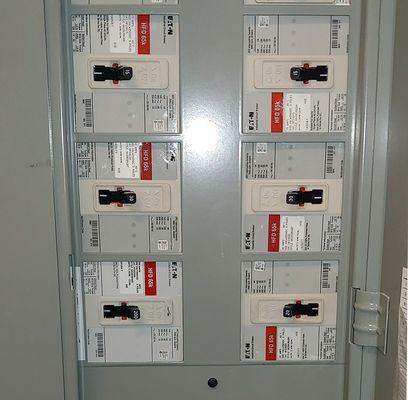 3 Phase 480V commercial electrical panel with fully rated circuit breakers.