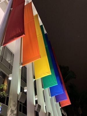 The landmark flags for pride colors outside the building.  front