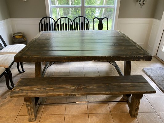 Finished product after sanding staining caulking and ceiling dining room table.