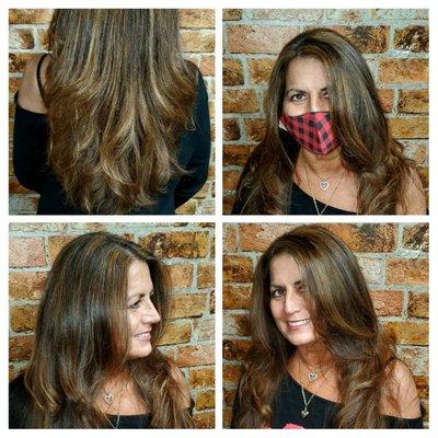 Carmel highlights on natural brunette hair with long layers