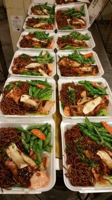 Crown noodles Lo mein style with baked fresh salmon and sides....