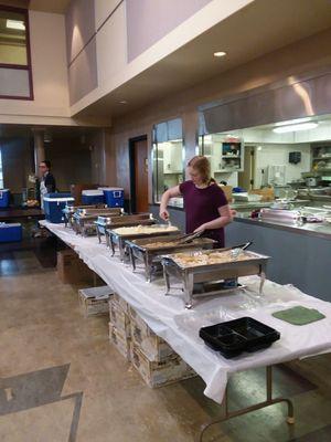 Buffet line, where I was assigned dishing out turkey for delivery. I was to Kate's left.