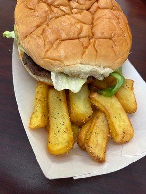 Cajun burger and steak fries