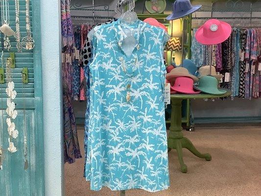 Lulu-B aqua palm print dress is cool and refreshing made with UPF50+ fabric that has a cool effect.