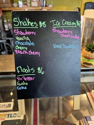 Shakes, floats, and ice cream board.