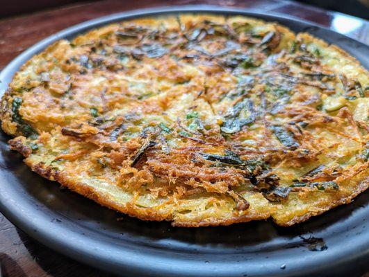 P2. Leek Pancake. $17.99. Leek and vegetable pancake. Comes with a sauce (not pictured here, but in my wider spread shots).