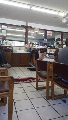 Inside the barbershop.