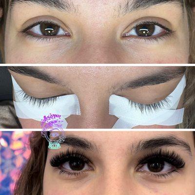 Very full hybrid lash extensions that read more volume to to the number of natural lashes present at time of service.