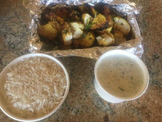 Reshmi kabob, rice and raita