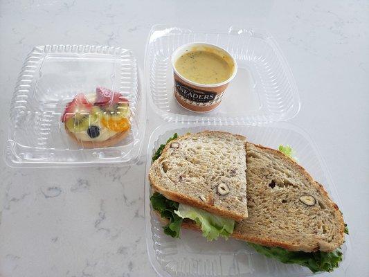 Tuna sandwich, brochure cheddar soup, fruit tart