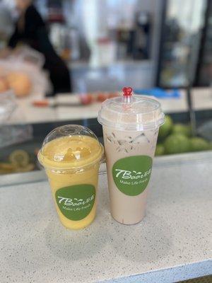 Medium Mega C+ smoothie and large Amazing Milk Black Tea