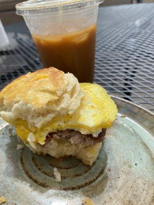 Farmer's Biscuit w/Fresh local sausage, egg and cheese. + iced americano