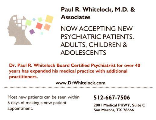 NOW ACCEPTING NEW PATIENTS! Adults, Adolescents & Children. In many cases new patients can be seen within a week.