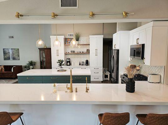 Transitional two-tone kitchen with massive countertop space for meal prep and baking! Escondido, CA, USA.