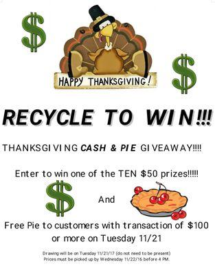 Thanksgiving 2017!!  Free Pies to customers with transactions exceeding over $100!!!