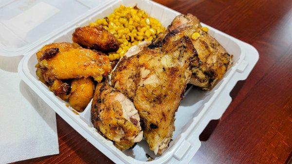 Dark Chicken combo with sweet plantains and corn