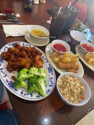 General Tso, egg rolls, Rangoon, fried rice and egg drop soup with tea. 16$ dine in or take out.