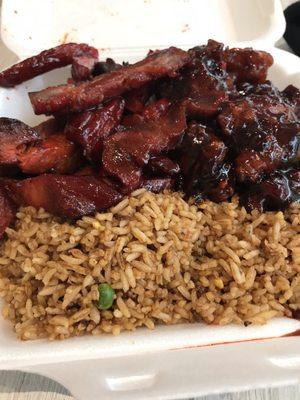 Fried rice, General Tso Chicken, and bbq pork (char siu)