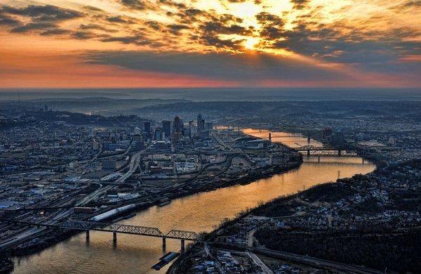 Cincinnati Morning started as a Krider Photography aerial, but was enhanced by our unique artistic treatment.