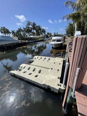 Standard double jetski dock setup with added walkway platform "40x10' ez dock down the middle.