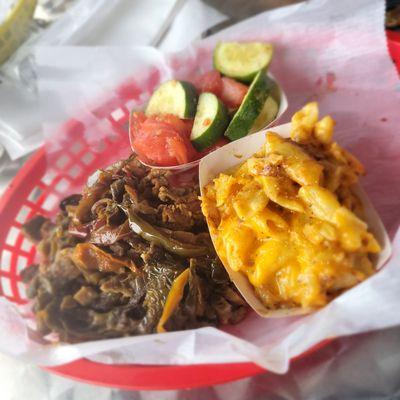 Open faced sausage  w/ Mac & Cheese and Tomato & Cucumber salad