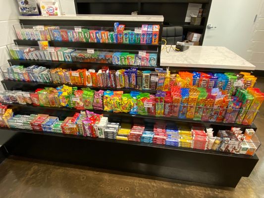 Different variety of gums, candies, and chocolates