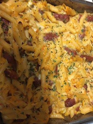 Baked macaroni cheese with meat 2015