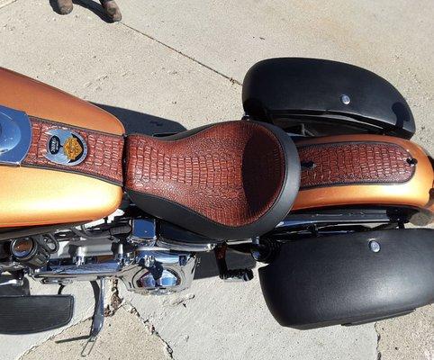 Brown faux crocodile trimmed in Black Marine vinyl with dash and Fender  pads.