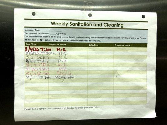 Cleaning schedule for a common elevator. This was taken on 8/16/2020 - it had been five days since the elevator was cleaned.