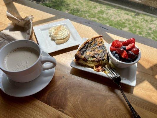 Quiche, fruit, sugar cookie, & chai latte