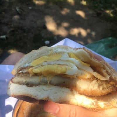 Double egg, chicken cutlet on a roll