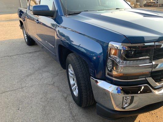 My truck before and after. Dent fender