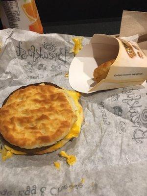 Sausage and egg biscuit and hash browns