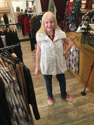 My wife at 76 looking fine in Le Chateau's clothing