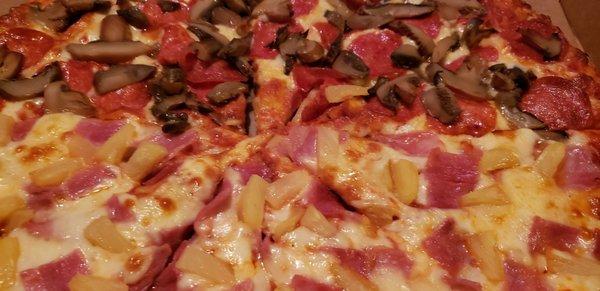 Split the pizza with pineapple/ham and pepperoni/mushroom.