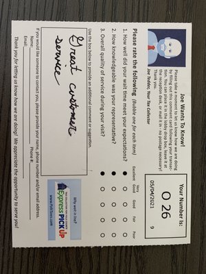 Customer Service Survey Card