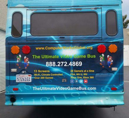 The Ultimate Video Game Bus from the rear.. ( also includes extra text and images that I added after the wrap was done).