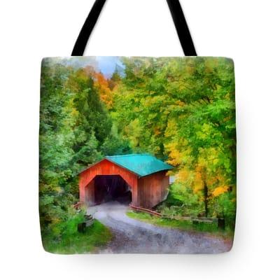 West Hill Covered bridge in Montgomery Vermont on a tote bag, Whether you like digital art or straight photography, also on pillows