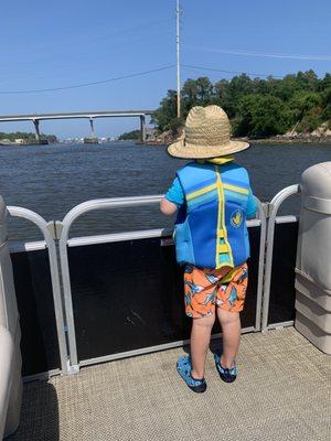 Little first mate keeping an eye out for pirates!