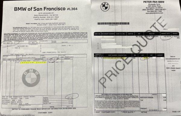 Parts Receipt from 2 separate dealers where BMW of San Francisco is nearly 400% more!!!!