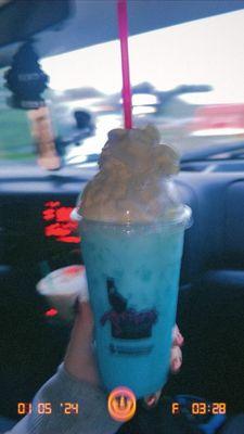 Cotton candy, blue raspberry, blue lotus with cream and whip