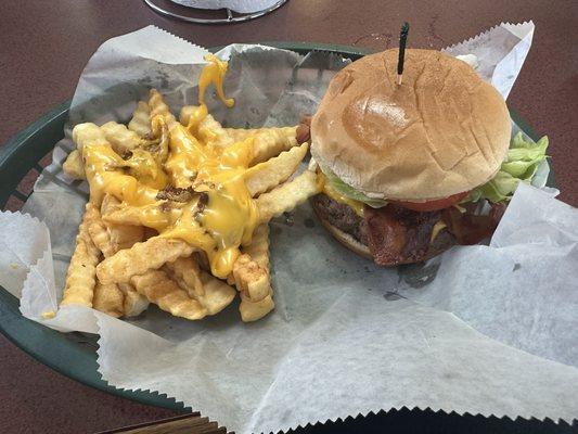 Bacon cheese burger and cheese fries