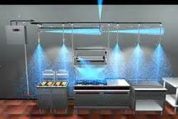 Simulated Kitchen system discharge providing fire covering  to upper exhaust hood and cooking appliances