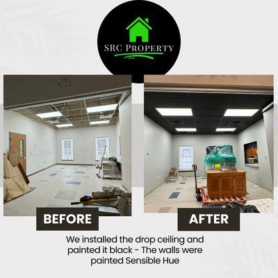 From bare drywall to all fresh paint, drop ceiling installed and painted black.