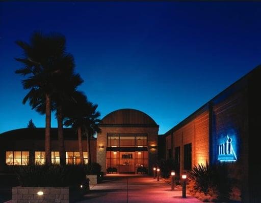 MTI College's Main Building at dusk.